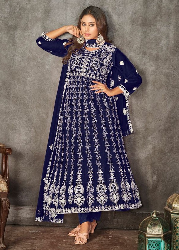 3 Pc Blue Semi Stitched Net Suit Set