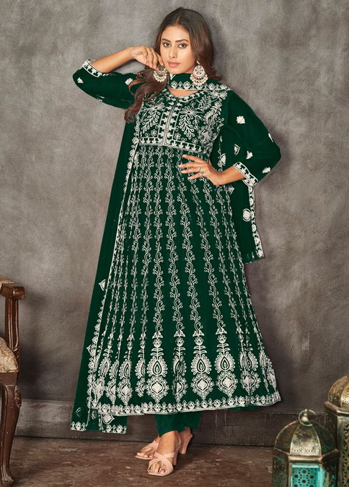 3 Pc Green Semi Stitched Net Suit Set