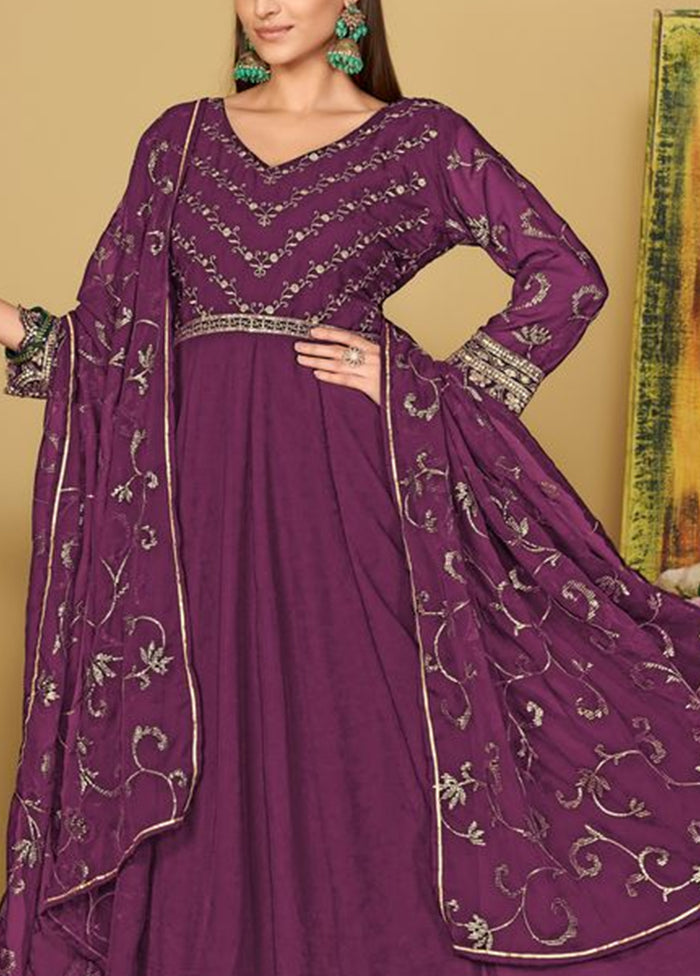 3 Pc Purple Semi Stitched Georgette Suit Set