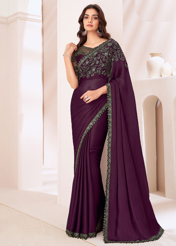 Wine Satin Silk Saree With Blouse Piece