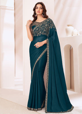 Teal Satin Silk Saree With Blouse Piece