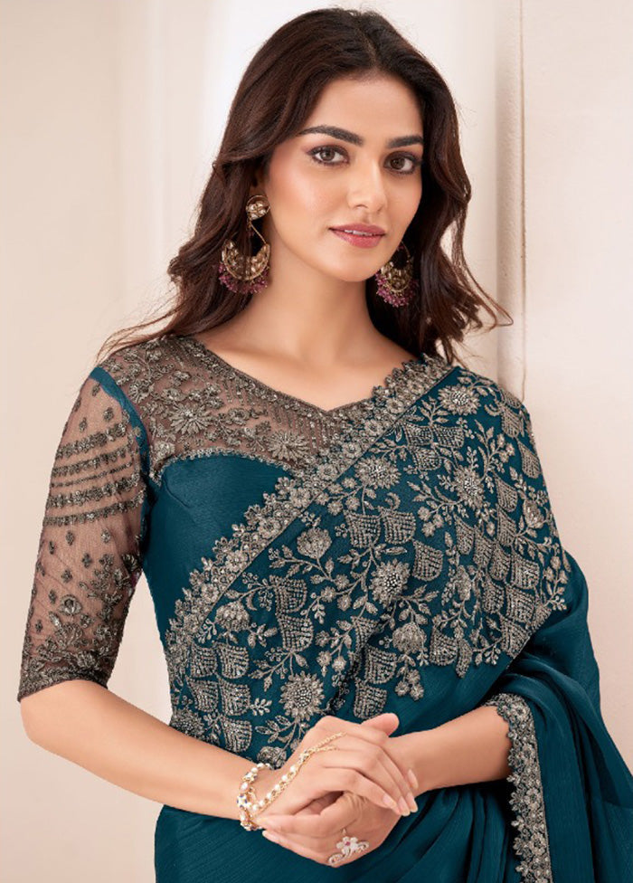 Teal Satin Silk Saree With Blouse Piece