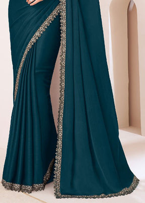 Teal Satin Silk Saree With Blouse Piece