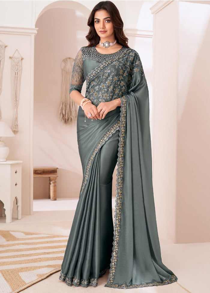 Grey Satin Silk Saree With Blouse Piece