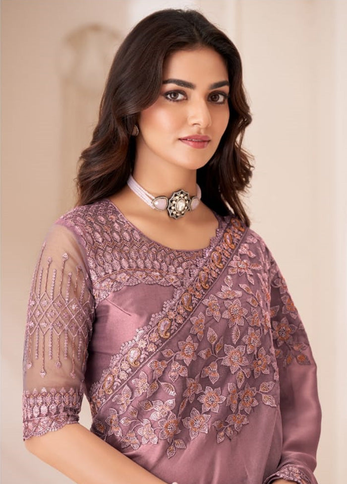 Mauve Satin Silk Saree With Blouse Piece