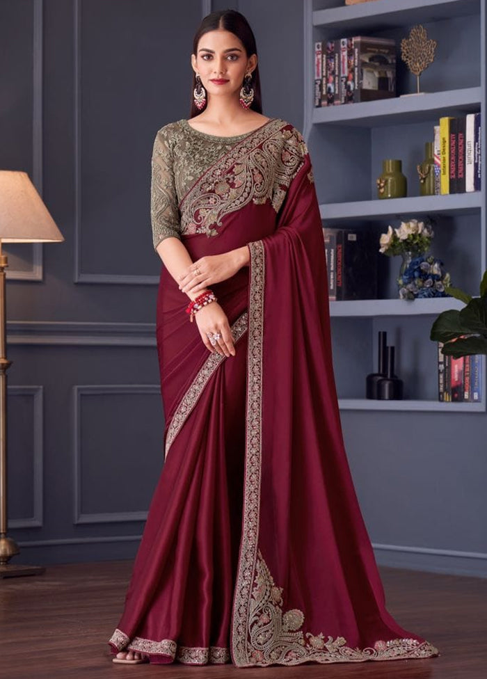 Maroon Satin Silk Saree With Blouse Piece