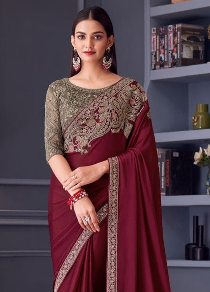 Maroon Satin Silk Saree With Blouse Piece