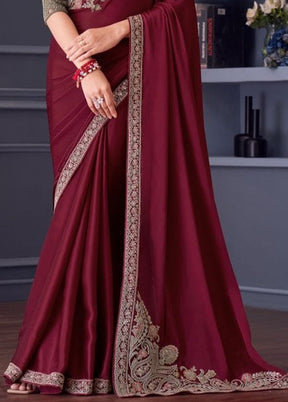 Maroon Satin Silk Saree With Blouse Piece