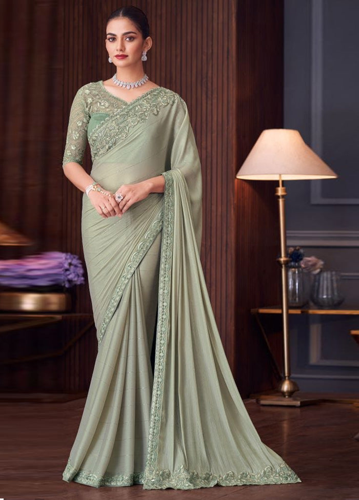 Pista Green Spun Silk Saree With Blouse Piece