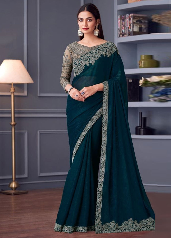 Teal Georgette Saree With Blouse Piece