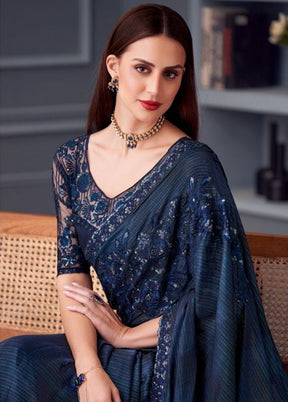 Navy Blue Spun Silk Saree With Blouse Piece