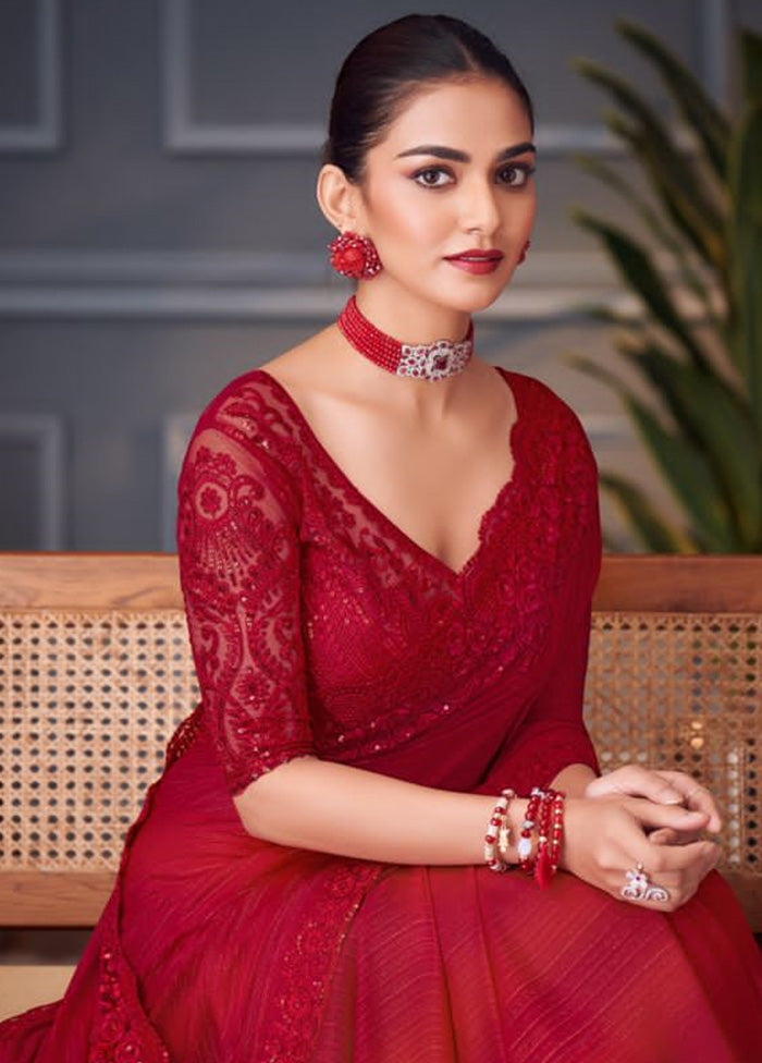 Red Spun Silk Saree With Blouse Piece