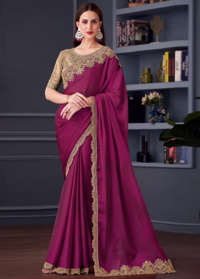 Wine Satin Silk Saree With Blouse Piece