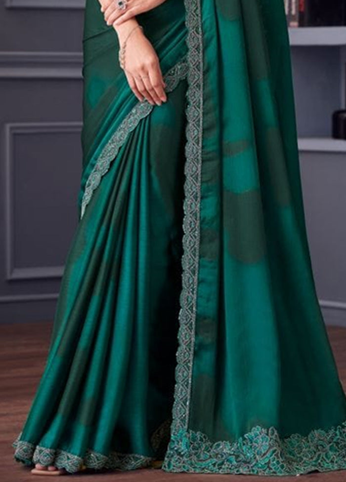 Green Satin Silk Saree With Blouse Piece