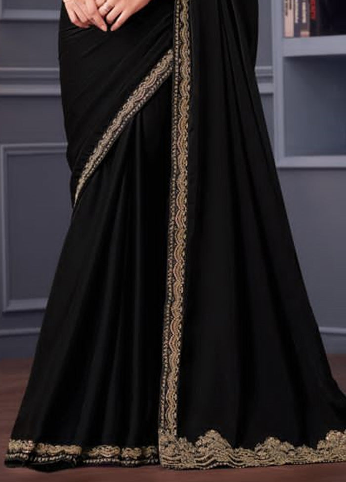 Black Satin Silk Saree With Blouse Piece