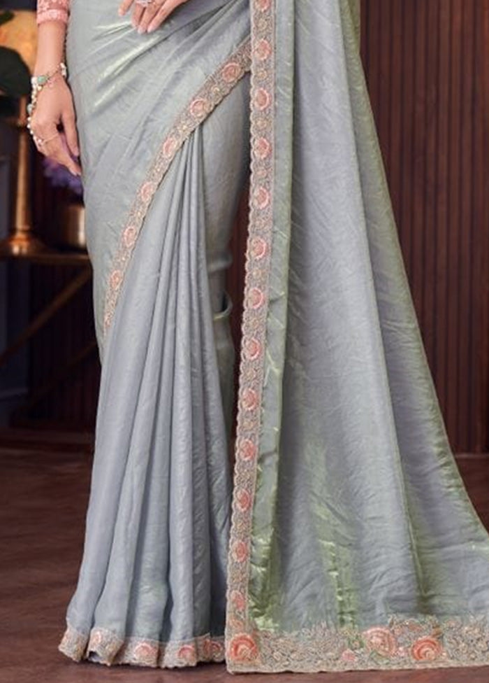 Sky Blue Satin Silk Saree With Blouse Piece