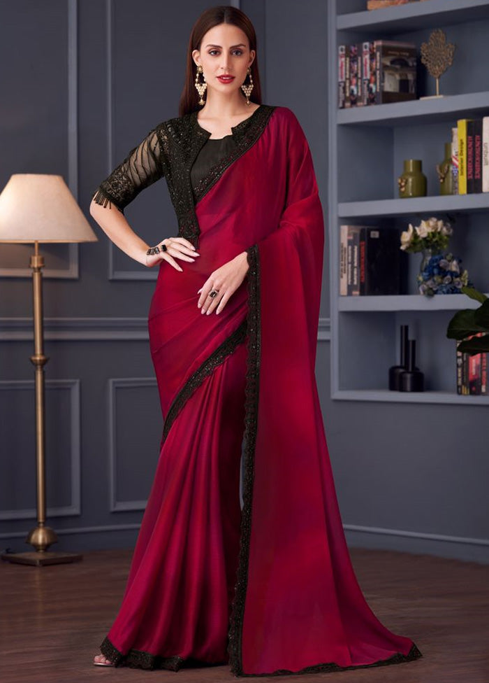 Maroon Satin Silk Saree With Blouse Piece