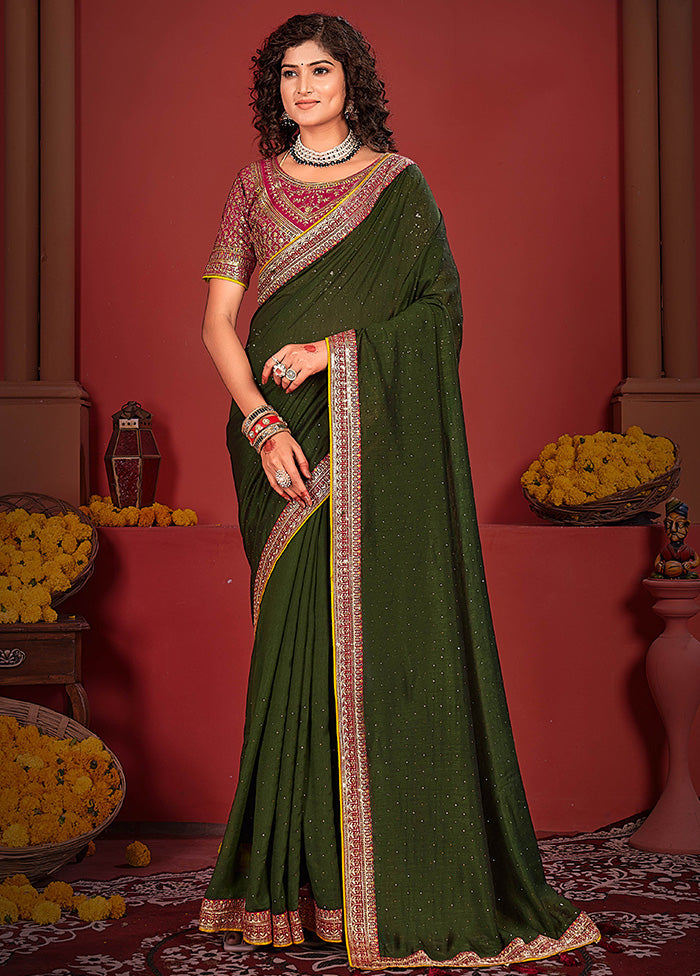 Mehendi Spun Silk Saree With Blouse Piece