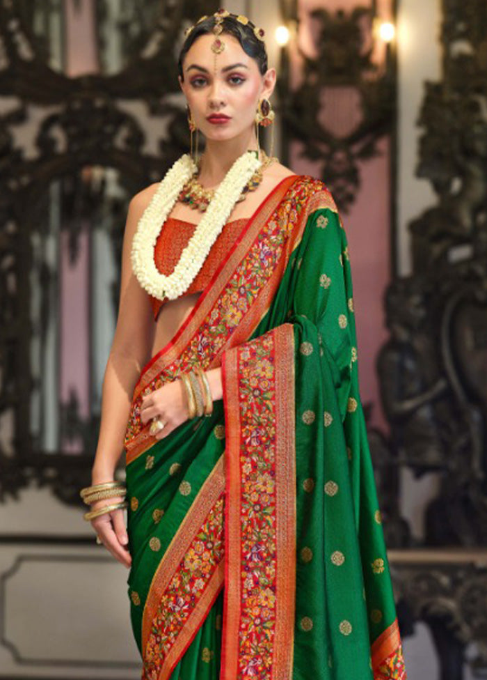 Dark Green Banarasi Silk Saree With Blouse Piece