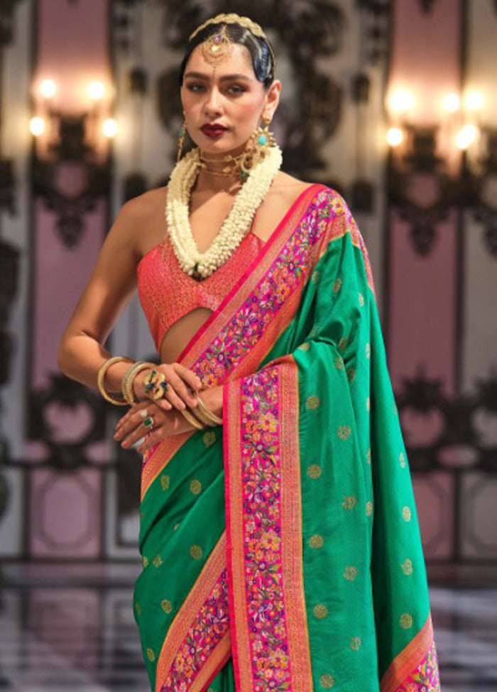 Rama Green Banarasi Silk Saree With Blouse Piece