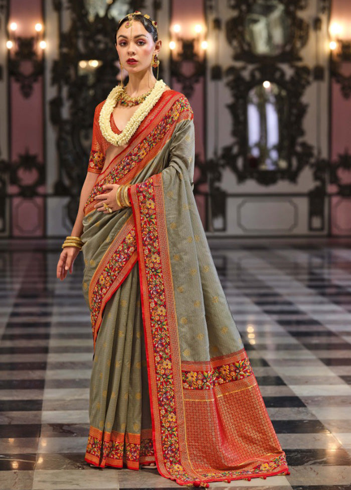 Grey Banarasi Silk Saree With Blouse Piece