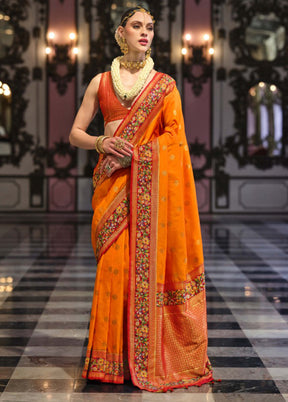 Orange Banarasi Silk Saree With Blouse Piece