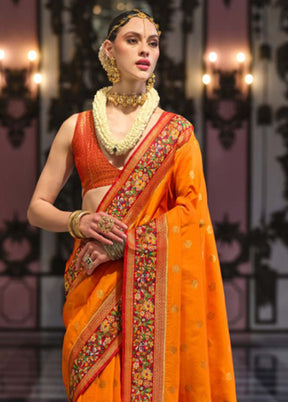 Orange Banarasi Silk Saree With Blouse Piece