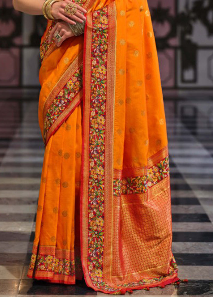 Orange Banarasi Silk Saree With Blouse Piece