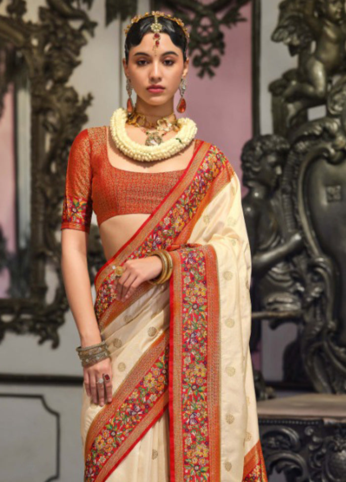 Cream Banarasi Silk Saree With Blouse Piece