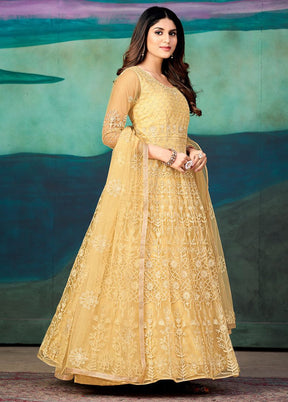 3 Pc Cream Semi Stitched Net Suit Set