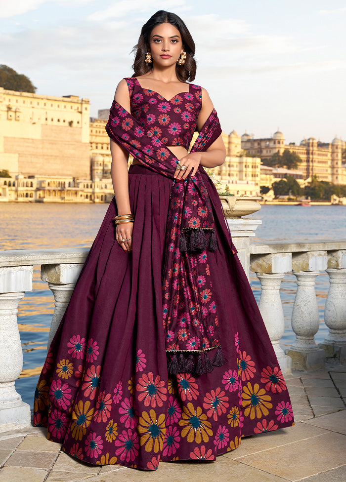 3 Pc Wine Silk Semi Stitched Lehenga Set