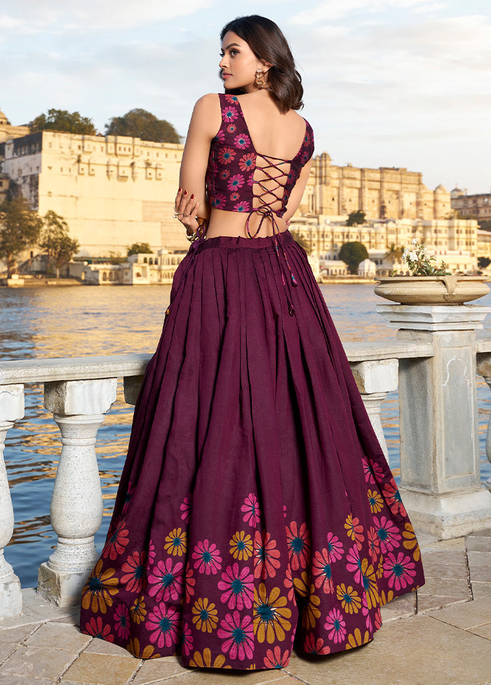 3 Pc Wine Silk Semi Stitched Lehenga Set