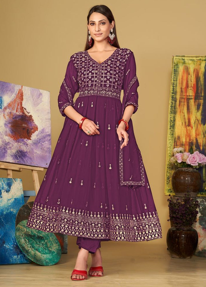 3 Pc Purple Semi Stitched Georgette Suit Set