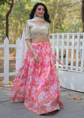 3 Pc Pink Georgette Semi Stitched Lehenga Set