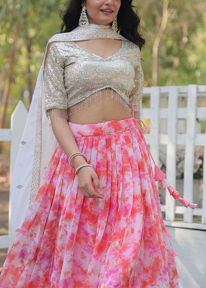 3 Pc Pink Georgette Semi Stitched Lehenga Set