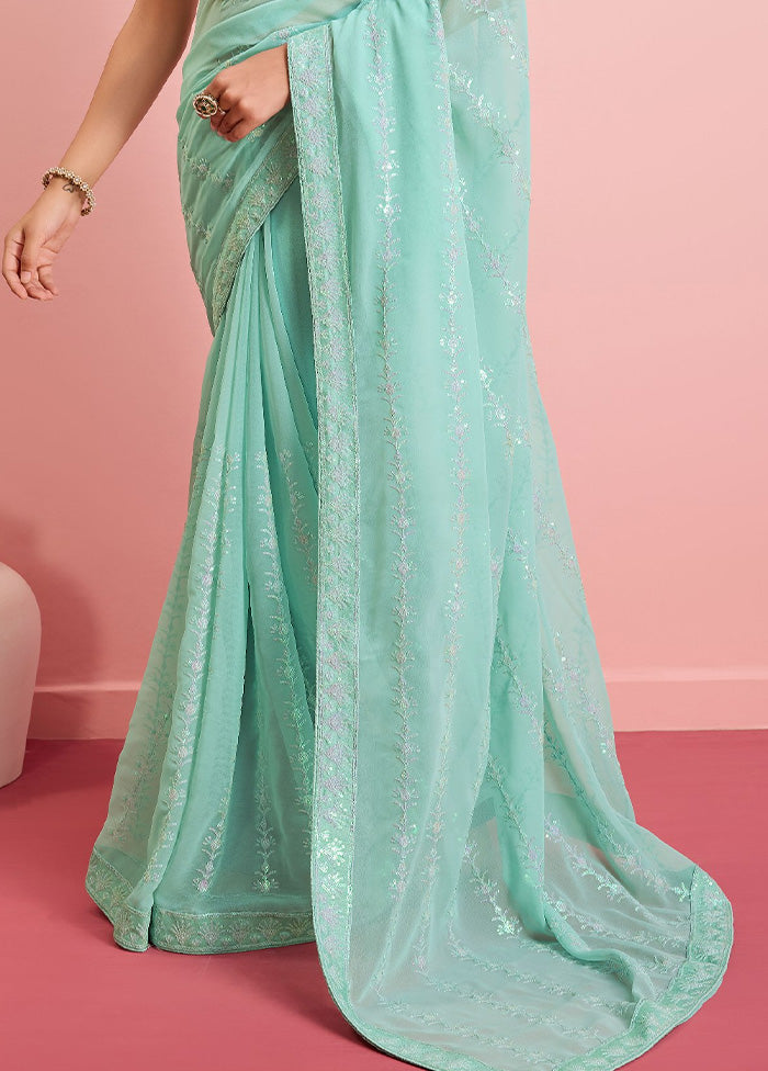 Mint Green Georgette Saree With Blouse Piece