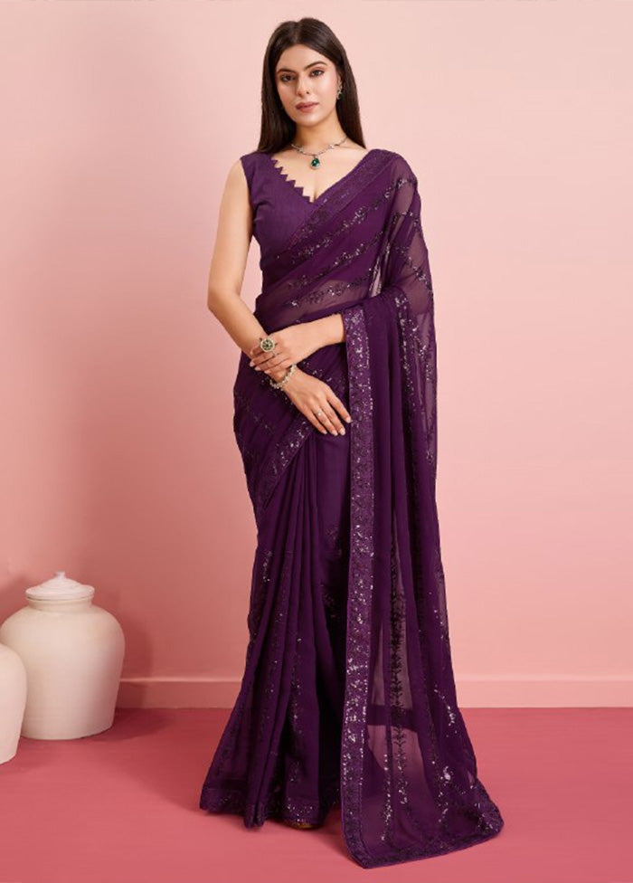 Wine Georgette Saree With Blouse Piece