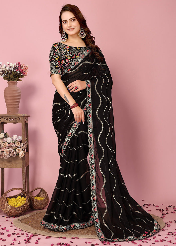 Black Spun Silk Saree With Blouse Piece