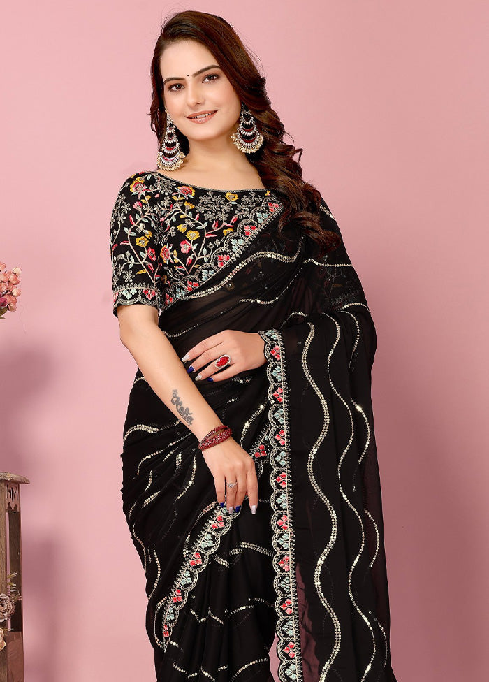 Black Spun Silk Saree With Blouse Piece