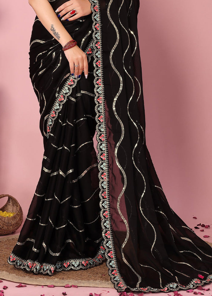 Black Spun Silk Saree With Blouse Piece