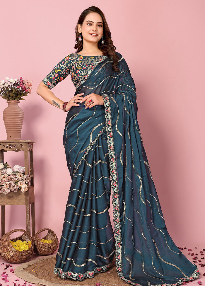 Teal Spun Silk Saree With Blouse Piece