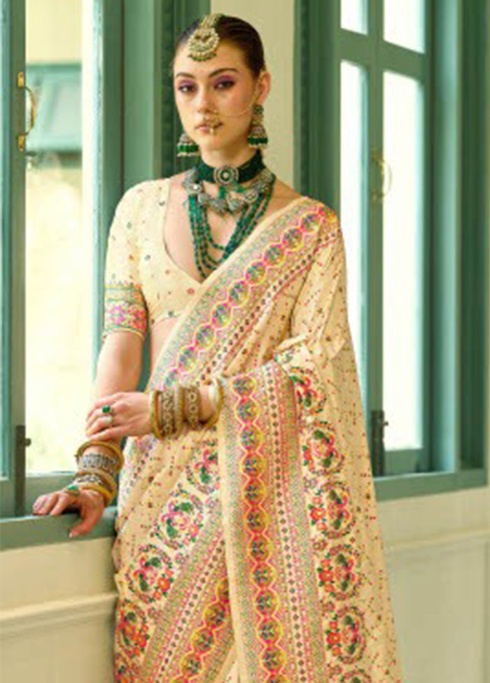 Cream Banarasi Silk Saree With Blouse Piece