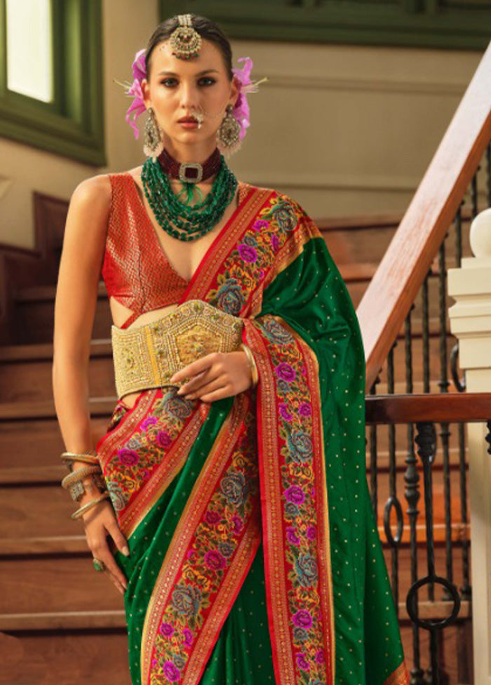 Green Banarasi Silk Saree With Blouse Piece