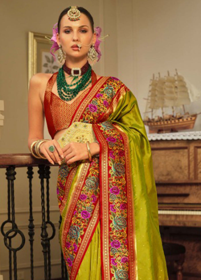 Parrot Green Banarasi Silk Saree With Blouse Piece