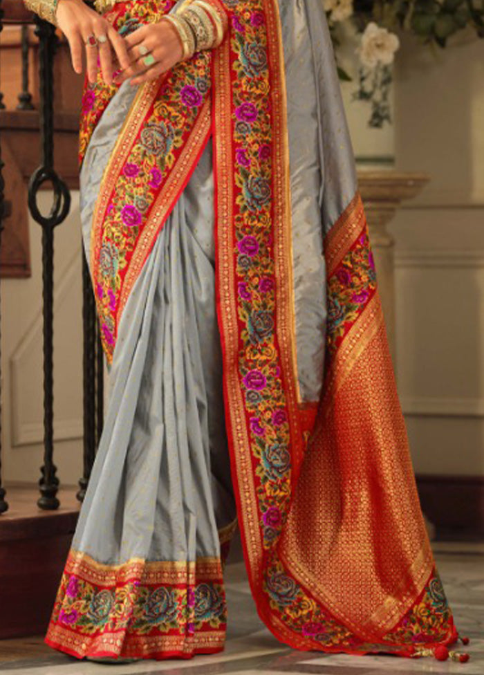 Grey Banarasi Silk Saree With Blouse Piece