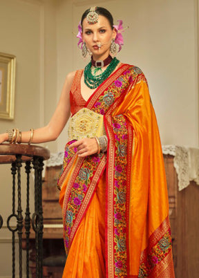 Orange Banarasi Silk Saree With Blouse Piece