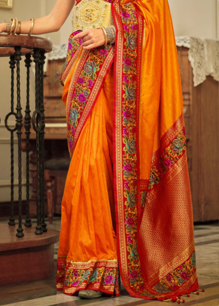 Orange Banarasi Silk Saree With Blouse Piece