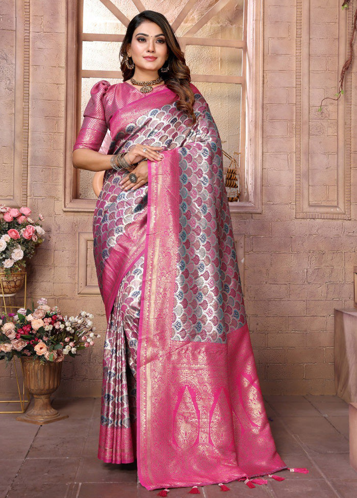 Pink Banarasi Silk Saree With Blouse Piece