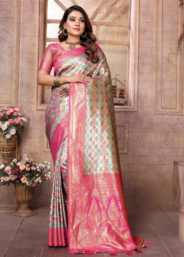 Pink Banarasi Silk Saree With Blouse Piece