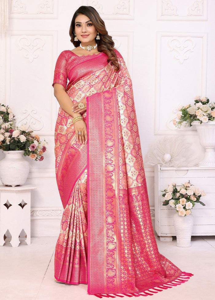 Peach Banarasi Silk Saree With Blouse Piece